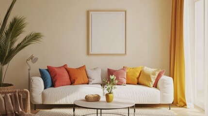 Modern Living Room Interior Design with Colorful Pillows and Natural Light