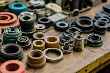 Rubber seals and gaskets collection workshop setting industrial content diverse environment close-up view high-quality rubber components for various applications
