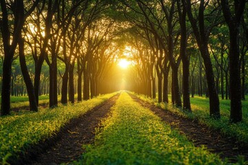 Fototapeta premium Serene sunrise in a lush rubber plantation su standard scenic landscape photography vibrant green environment captivating perspective on nature's beauty