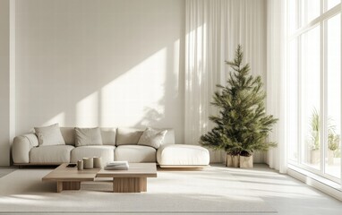 Obraz premium A modern living room with a simple green Christmas tree, clean-lined furniture, and a soft white rug creating a serene ambiance