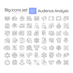 Audience analysis linear icons set. Assessment and identification of customers interests. E business. Customizable thin line symbols. Isolated vector outline illustrations. Editable stroke