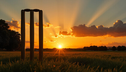 Cricket stumps silhouetted against sunset with rays, cricket theme