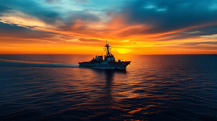 Obraz premium A naval ship navigating across the ocean at sunset, with a vivid orange and blue sky, reflecting the golden hues on the water surface, creating a tranquil yet powerful maritime scene.
