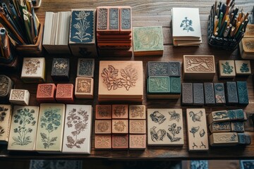Obraz premium Artistic display of rubber stamps on wooden table crafting supplies indoor studio creative setting close-up viewpoint unique design concepts