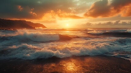 Fototapeta premium The ocean is calm and the sun is setting, creating a beautiful and serene atmosphere