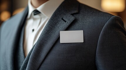 Detailed view of a blank name badge on a sleek suit, set against a neutral background for branding and personalization concepts