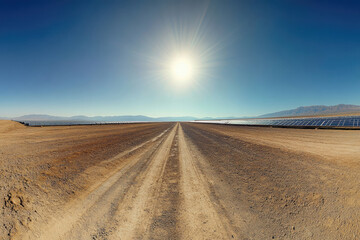 Fototapeta premium Vast desert landscape with solar panels under a bright sun, showcasing renewable energy.