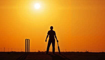 Silhouette of cricket player with bat at sunset, cricket theme