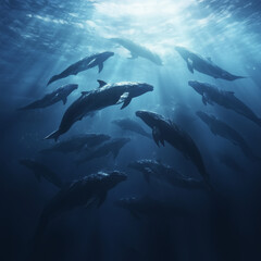 Obraz premium Large pod of whales swimming together in perfect harmony in deep ocean waters during midday sun