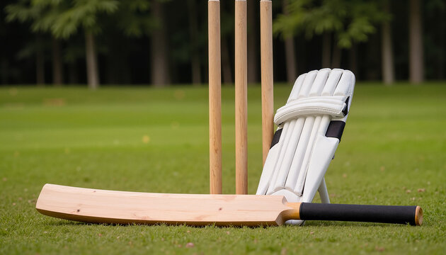 Cricket bat and pad with stumps on green grass background, cricket theme