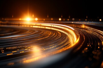 Swirling golden lights create dynamic patterns in a dark space