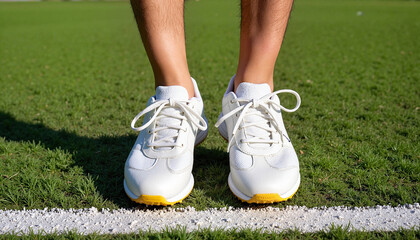 Close-up of white sports shoes standing on green grass field with white line, cricket theme