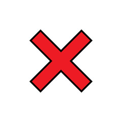 Red cross mark icon with black outline. X, wrong, reject sign symbol