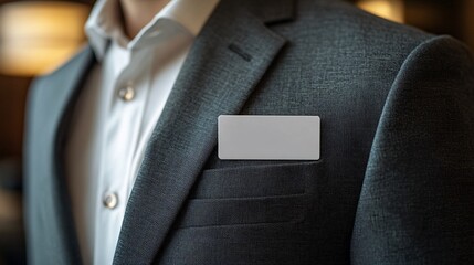 Detailed view of a blank name badge on a sleek suit, set against a neutral background for branding and personalization concepts