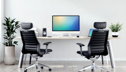 Modern gadgets in interior of coworking office, Collaborative Modern Workspace with Minimalist Design, freelancer office 