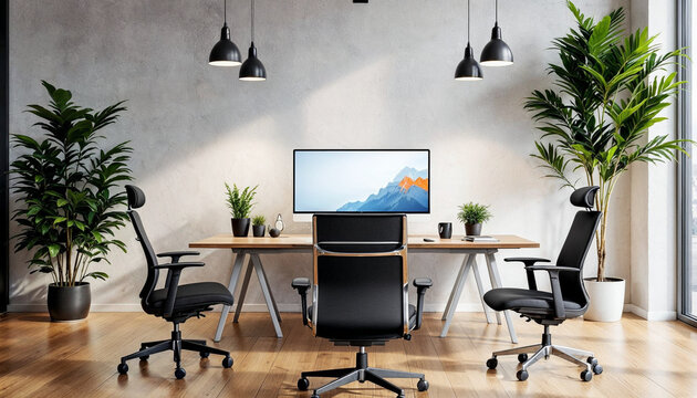 Modern gadgets in interior of coworking office, Collaborative Modern Workspace with Minimalist Design, freelancer office 