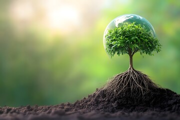 3D Vector Illustration Of A Green Earth Sprouting Roots, Symbolizing Sustainability And Environmental Protection Against A Soft Gradient Background, Highlighting Nature Harmony