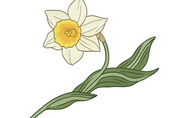 Detailed embroidered daffodil flower and leaves graphic design