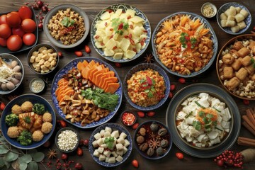 Fototapeta premium Celebratory thai cuisine display with festive decorations