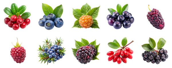 Assorted wild berries isolated on transparent background. Includes acai, boysenberry, juniper, and huckleberry in PNG collection