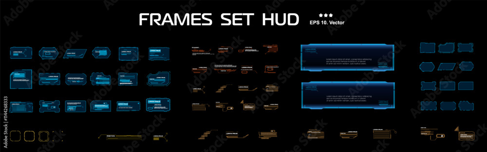 Fototapete Blocks and frames. Big vector set with frames. Modern technological frames and HUD user interface windows.  Windows with parameters and data. Vector templates with frames
