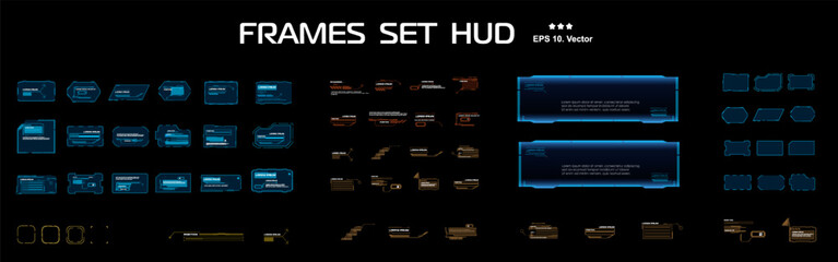 Blocks and frames. Big vector set with frames. Modern technological frames and HUD user interface windows.  Windows with parameters and data. Vector templates with frames