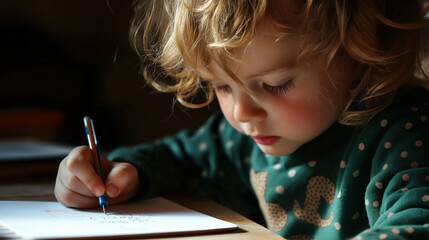 A young child sitting at a desk, attentively writing in a notebook, symbolizes focus and learning