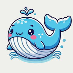 Cute blue whale spraying water vector illustration in kawaii cartoon style