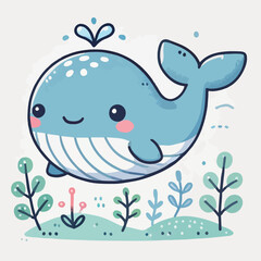 Cute blue whale spraying water vector illustration in kawaii cartoon style