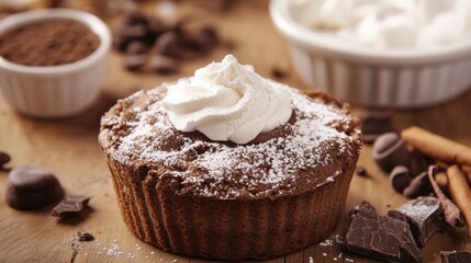 Rich Chocolate Cake with Whipped Cream and Cocoa Powder Garnish