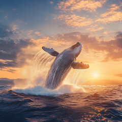Fototapeta premium Majestic whale breaches the ocean surface under a vibrant sunset sky
