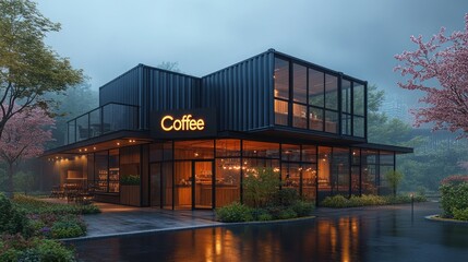 Modern coffee shop amidst a serene landscape.