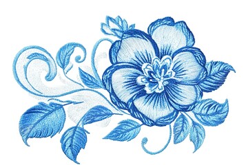 Detailed close-up of a blue embroidered flower design