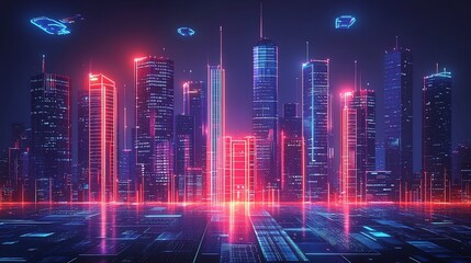 Fototapeta premium Neon cityscape at night with futuristic technology.