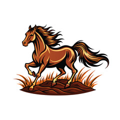 Majestic stallion powerfully galloping across a sun-drenched field, mane and tail flowing. Capture its raw energy and proud stance.