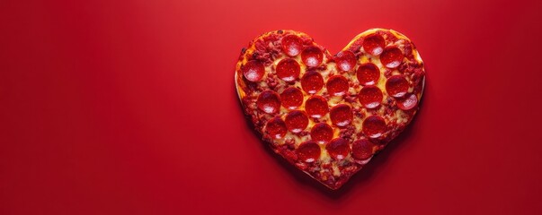 Fototapeta premium Heart shaped pepperoni pizza served on color background,Set of Valentine day,love and romantic banner,dating couple,dinner holiday meal concept,Romantic wedding.