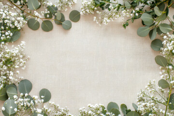 Wedding invitation card mockup with natural eucalyptus and white gypsophila twigs. Blank card mockup on beige background. 