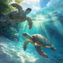 Fototapeta premium Sea turtles gracefully gliding through clear turquoise waters near a vibrant coral reef
