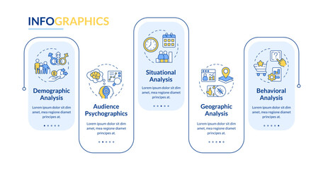 Audience analysis rectangle infographic vector. Customer data studying. Digital marketing strategy. Data visualization with 5 steps. Editable rectangular options chart. Lato-Bold, Regular fonts used