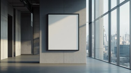 Fototapeta premium Modern Office Corridor with Blank Poster and City View