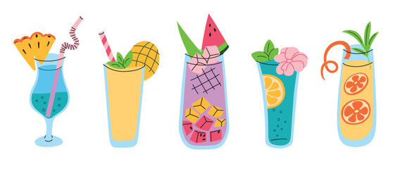 Set of five colorful tropical cocktails in glasses with fruit garnishes and straws in flat cartoon style. Mocktails vector illustrations. Perfect for summer, party, and beverage themed designs