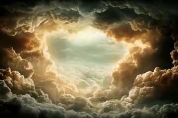 Dramatic clouds create a radiant opening in the sky at sunset over a tranquil landscape