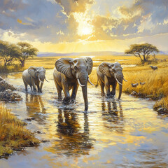 Naklejka premium Elephants crossing a river during golden hour in a tranquil African landscape with radiant sunset