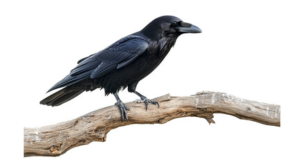 Black raven perched on old wooden branch isolated on transparent background