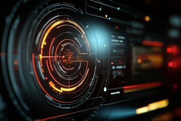 Obraz premium Futuristic digital interface displaying complex data visualization in a cyberpunk style environment