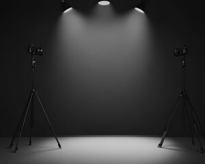 A minimalist photography setup featuring two tripods under focused lights, set against a dark background, ideal for capturing subjects.