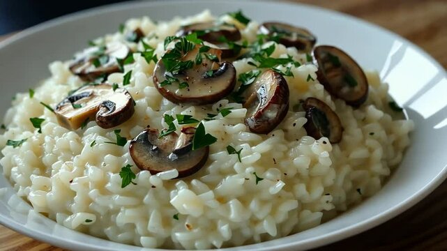 Creamy mushroom risotto served elegantly in a white bowl with fresh herbs on a wooden table