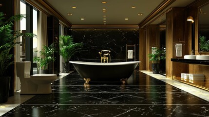A lavish bathroom featuring a striking black marble floor and elegant clawfoot tub. The design enhances the luxurious atmosphere with golden fixtures.
