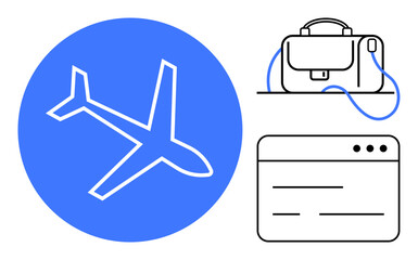 Airplane circled in blue, briefcase, and web browser tab suggest business travel and online tasks. Ideal for travel, business, corporate presentations, websites, apps, marketing, and educational