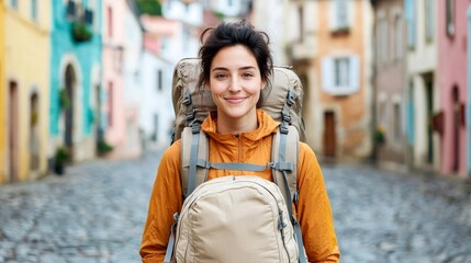 Fototapeta premium Happy Backpacker Exploring Colorful European Town